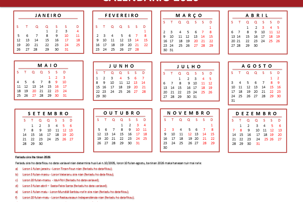Feriados 2026 Presidência do Conselho de Ministros  Porta-Voz do Governo de Timor-Leste IX Governo Constitucional